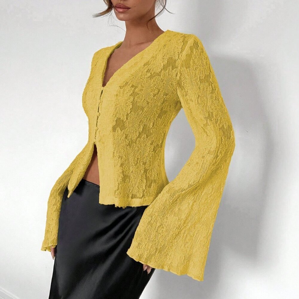 Yellow Elegant Women's Romantic Flare Sleeve Fitted Blouse
